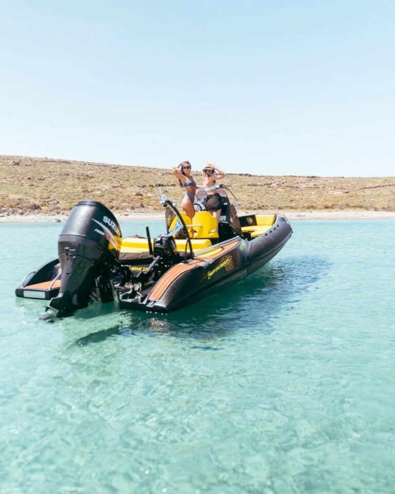 Mykonos private rib boat cruise in delos-rhenia or southern beaches (Sarissa Vertigo 787) Golden Yachting and Sailing