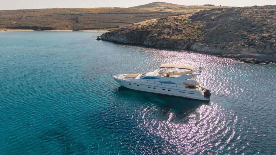 Mykonos Yacht Charter – Ferretti 620 Cruise to Delos & Rhenia or South Beaches | Half-Day or Full-Day Golden Yachting and Sailing