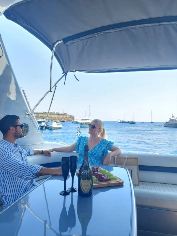 Mykonos Private Full Day cruise with a motor yacht Princess V55(60ft) to either delos and rhenia or south beaches of Mykonos Golden Yachting and Sailing